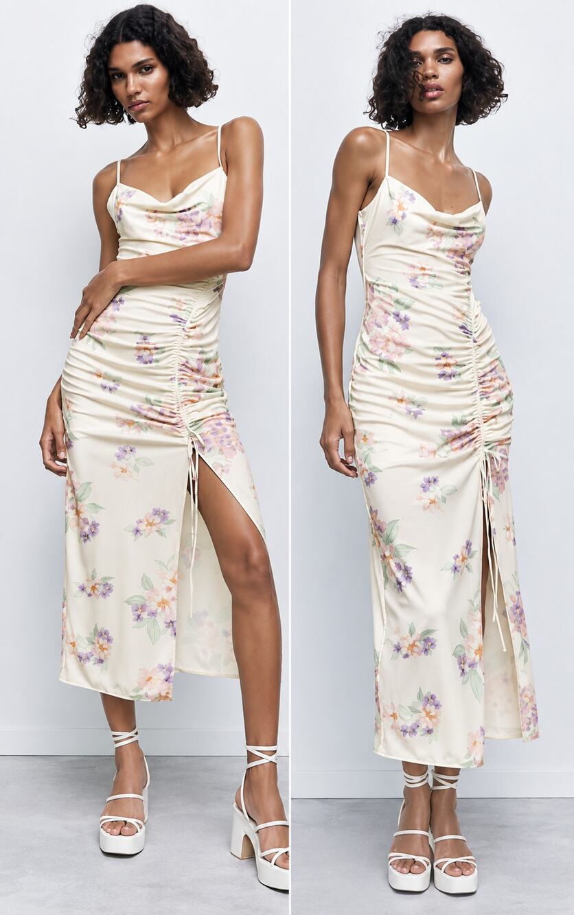 ZARA Floral Slip Midi Dress Satin Draped Cowl Neck Spaghetti Strap Ruched Slit